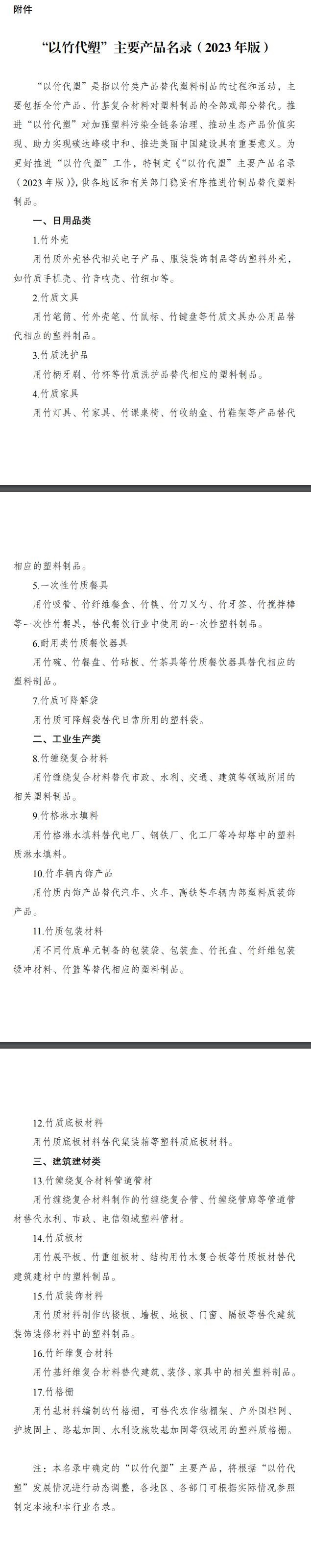 附件:“以竹代塑”主要產(chǎn)品名錄(2023年版) 附件:“以竹代塑”主要產(chǎn)品名錄(2023年版)